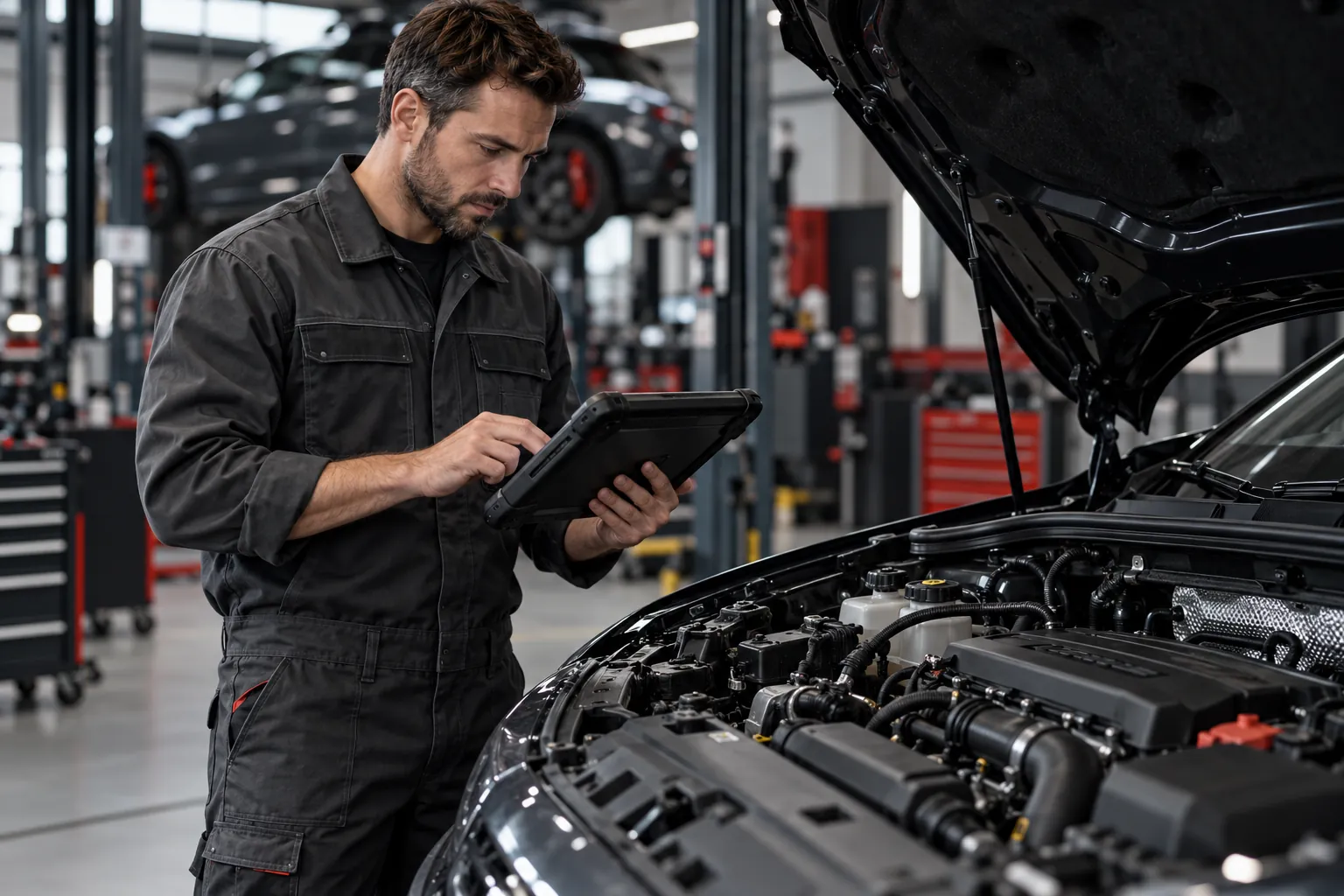 Zdjęcie ilustracyjne: mechanik korzystający z urządzenia diagnostycznego przy samochodzie.