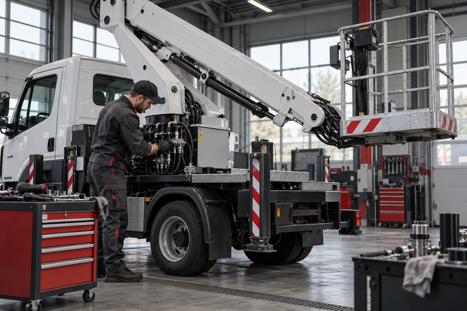 Zdjęcie poglądowe: mechanik serwisujący podnośnik koszowy na pojeździe.