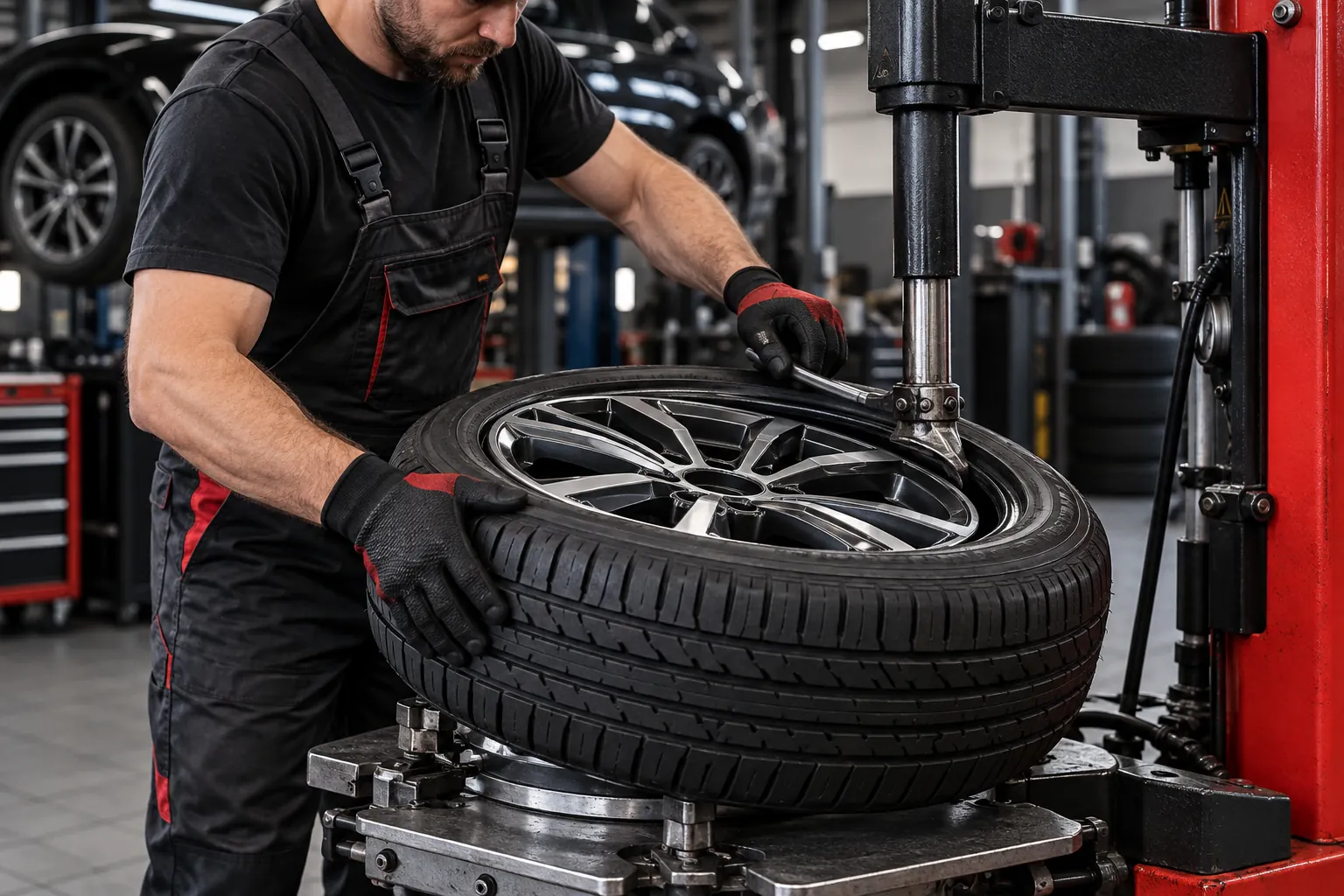 Zdjęcie ilustracyjne: mechanik montujący oponę na feldze przy urządzeniu warsztatowym.